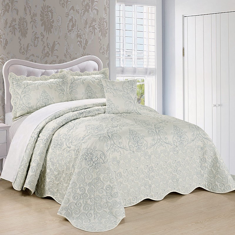 Home Soft Things Damask 4 Piece Bedspread Set, Scalloped Edge Reversible Coverlet Comforter Prewashed Bedding Set, Matelasse Embossed Floral Solid Pattern,Antique White Oversize King(120" x 120") - Image 1